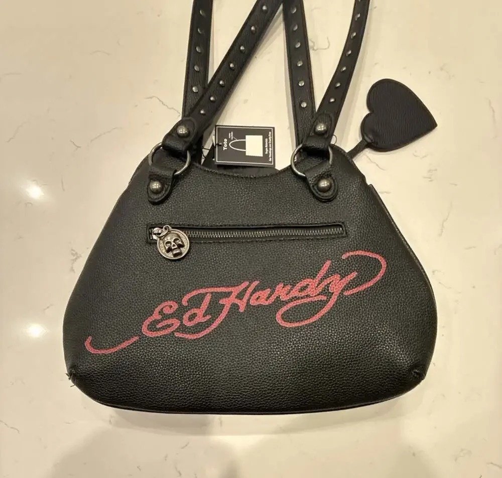 Ed Hardy Black Vegan Leather Studded Crossbody Shoulder Handbag with Rhinestone